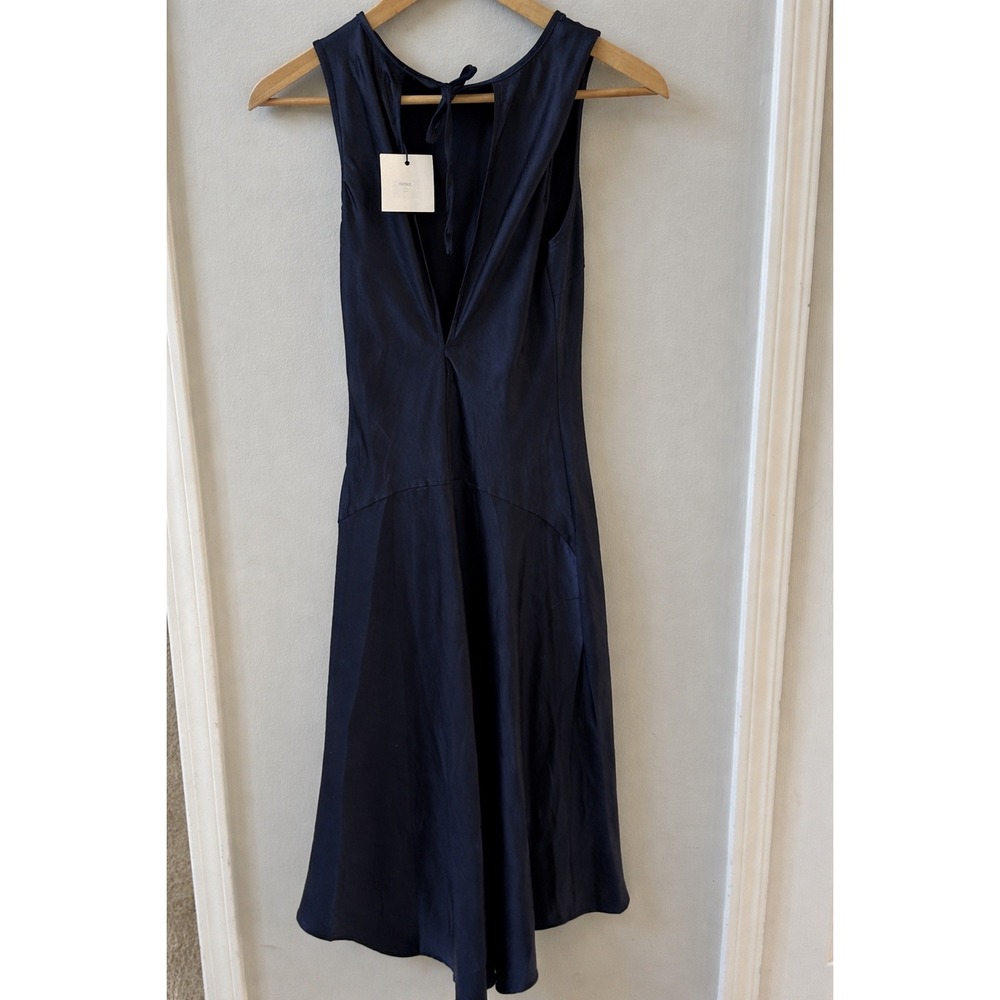 NWT Whyte Valentyne Navy Blue Satin Open Back Tie Neck Midi Dress Womens Size 10